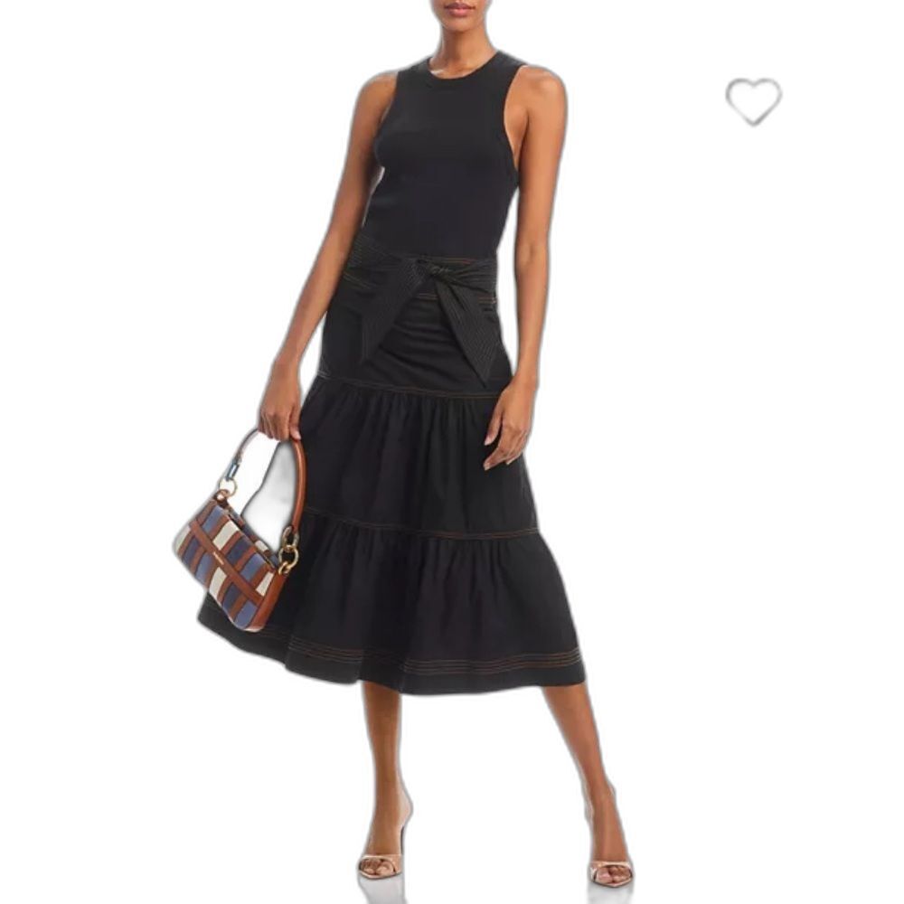 Veronica Beard Austyn Black Belted Tiered Midi Dress Size Medium Sleeveless